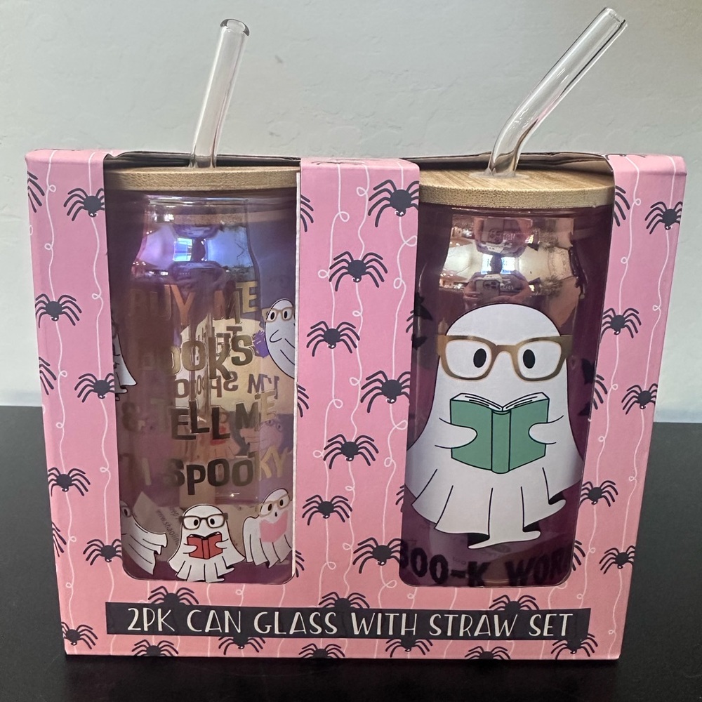 2-Pack Halloween Spooky Ghost Reading Glass Can with Lid & Straw Set